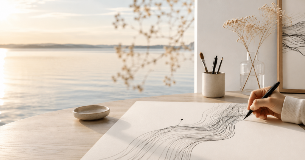Minimalistischer Arbeitsplatz mit Papier, Stift und einer einzelnen Linie als Symbol für Klarheit und Orientierung.