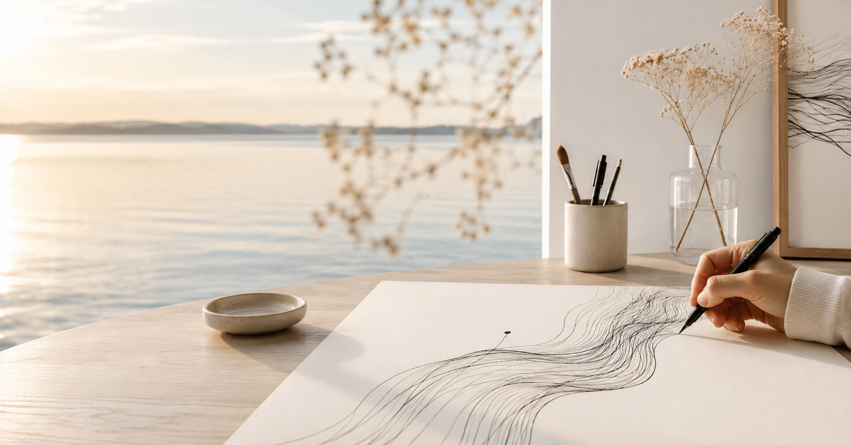 Was will ich im Leben? Wie du wieder klarer siehst Minimalistischer Arbeitsplatz mit Papier, Stift und einer einzelnen Linie als Symbol für Klarheit und Orientierung.