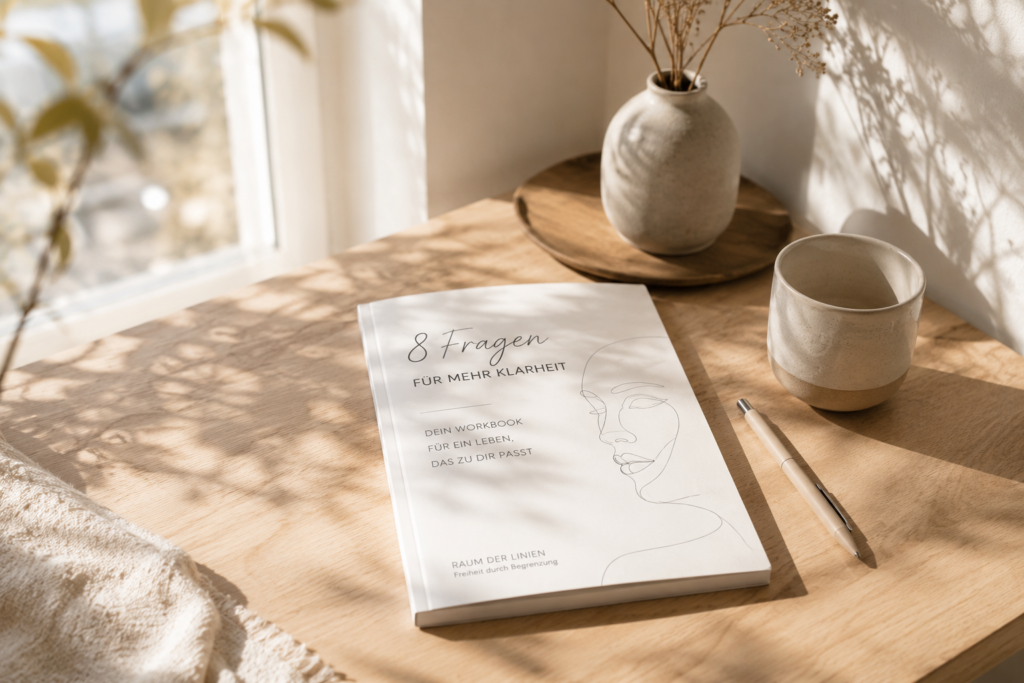 Workbook „8 Fragen für mehr Klarheit“ auf einem hellen Holztisch mit Stift und Tasse Kaffee im Morgenlicht.